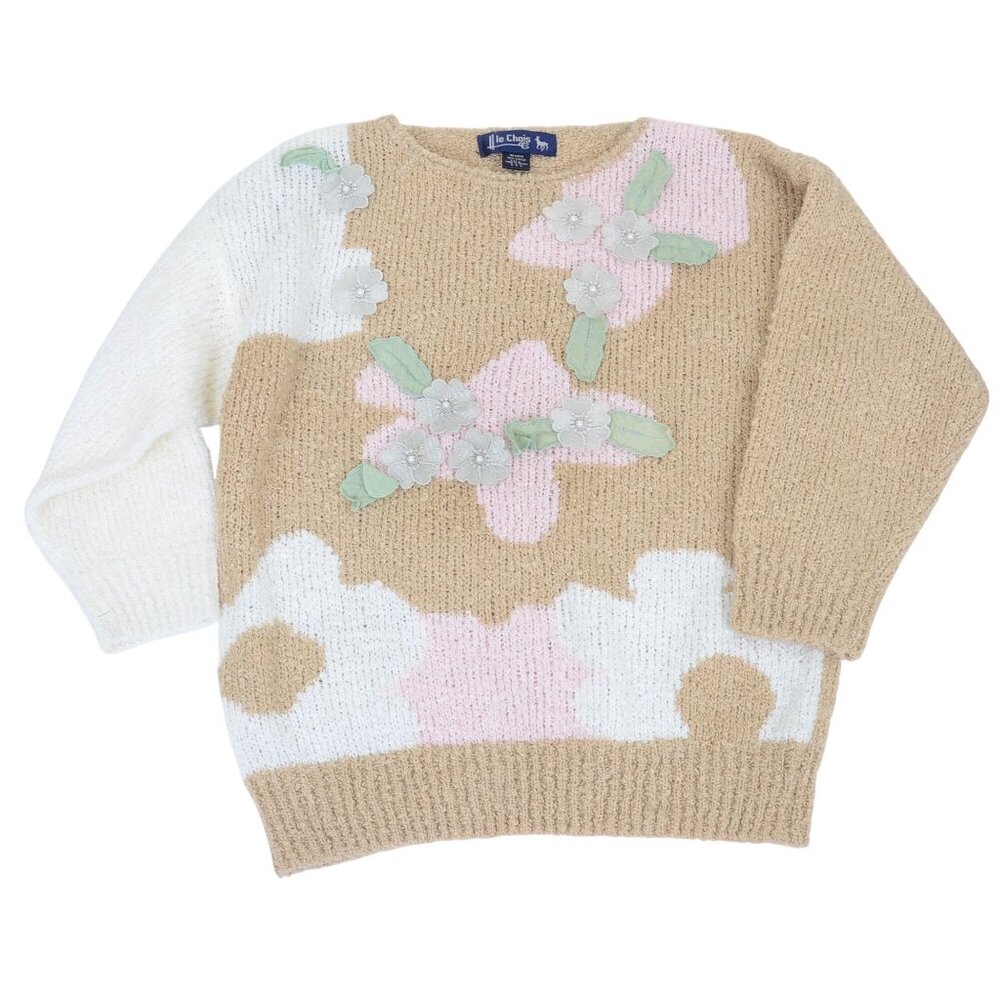 le Chois Colorblock Women's M Floral 3D Flower‎ 3/4 Sleeves Pullover Sweater